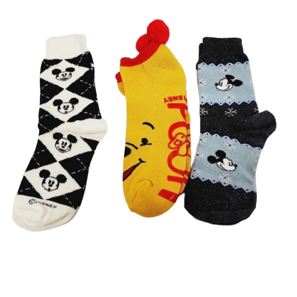 Disney Socks‎ - Mickey Mouse and Winnie the Pooh with Pom Poms - 3 Pair - Ladies
